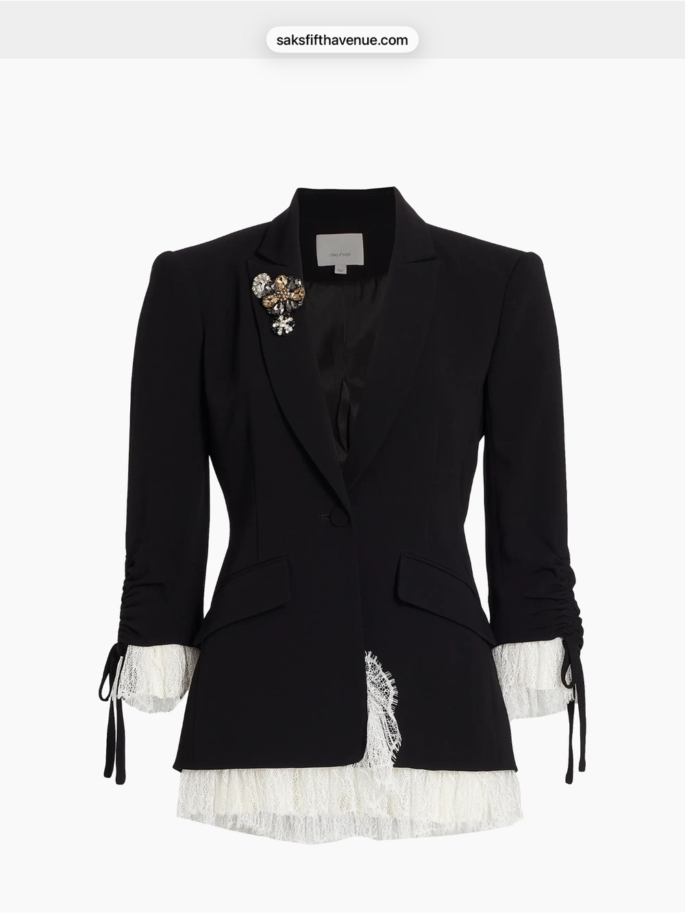 Cinq a Sept Roxie Black Blazer with White Lace Trim and Brooch
